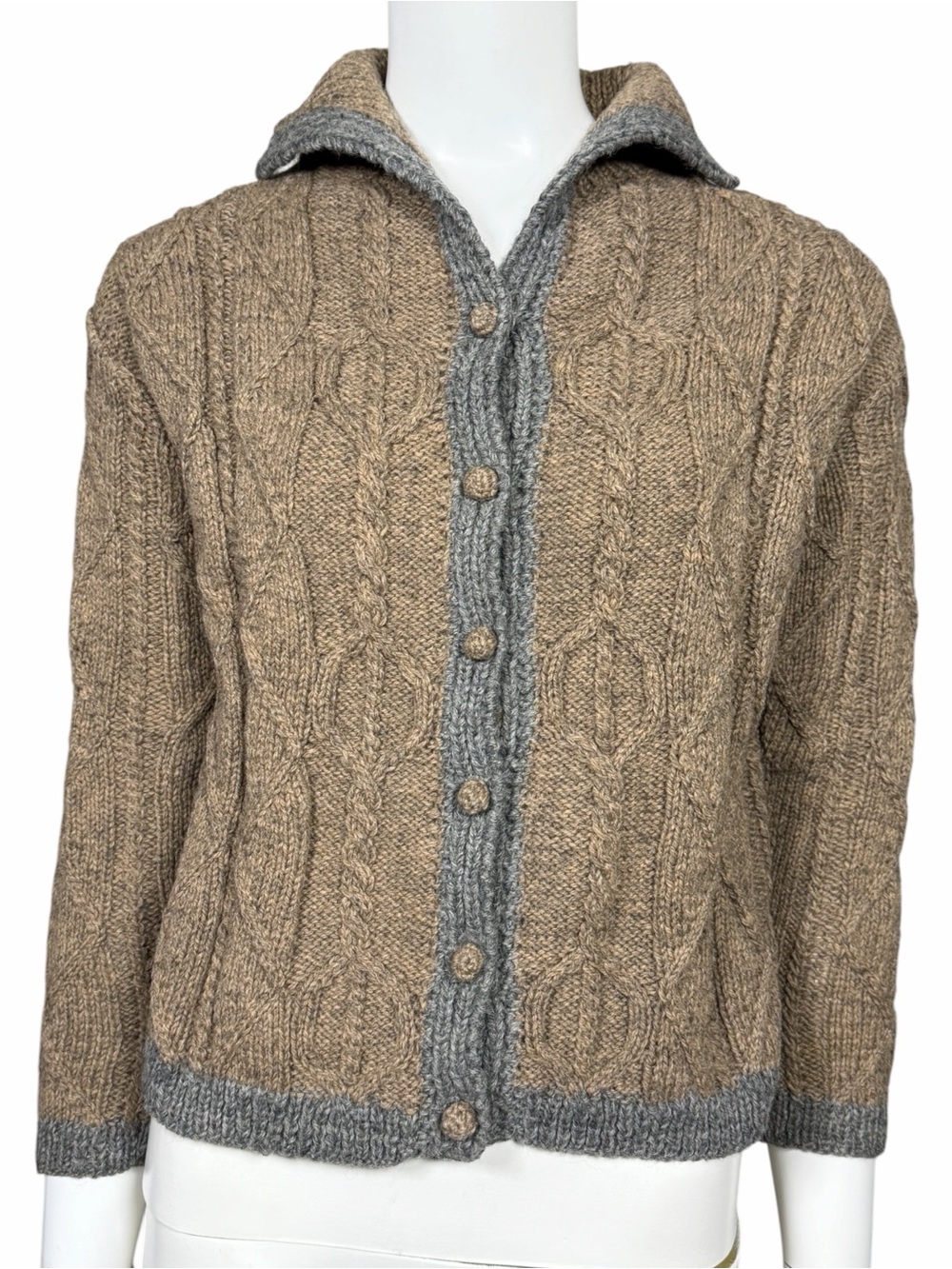 VTG Hills of Donegal Hand Knit Ireland 100% Pure Wool Cable Cardigan